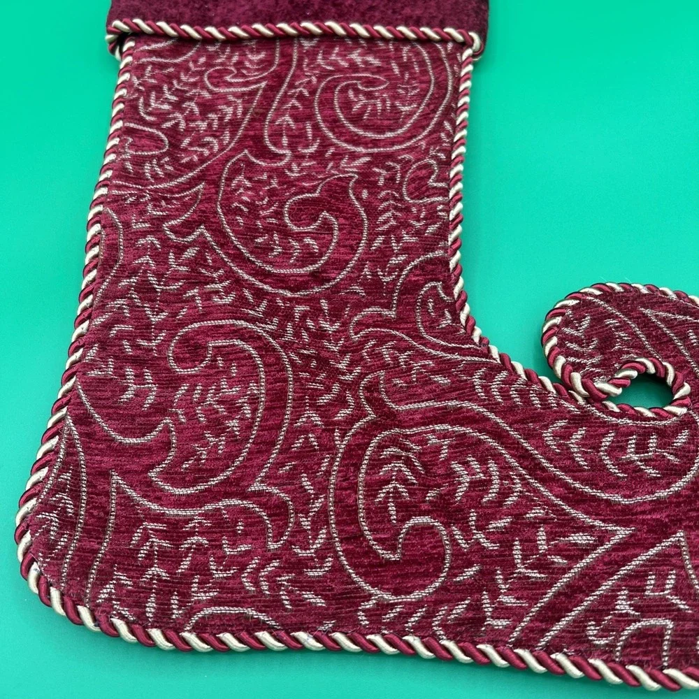 New no tags burgundy‎ red velvet, Satin Christmas Stocking Tapestry Elf Boot